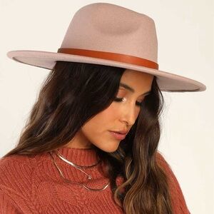 Lulus Mauve Taupe Wide Brim Fedora Hat with Faux Leather Band